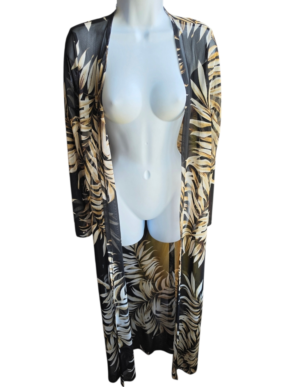 Windsor Black Tan Sheer Mesh On A Tropical Getaway Duster Kimono Size M